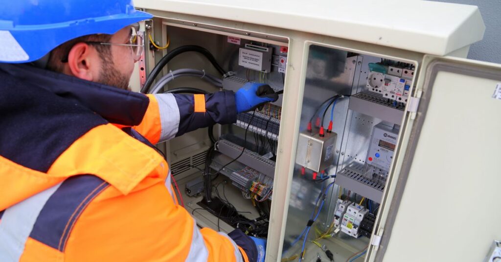 Engineer in safety gear working on an outdoor electrical panel, ensuring system functionality.