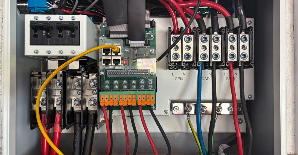 Inside view of an electrical control panel showing circuits and connections.