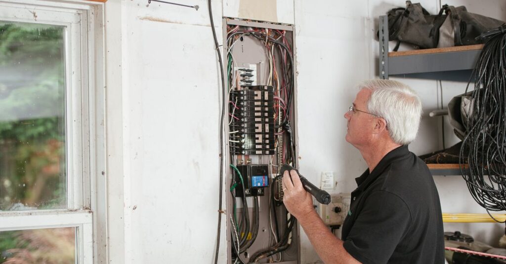 An electrician carefully examines a residential fuse box indoors, ensuring electrical safety and compliance.