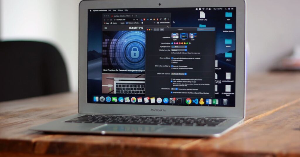 Open MacBook Air with apps and web browser on screen, placed on a wooden table indoors.