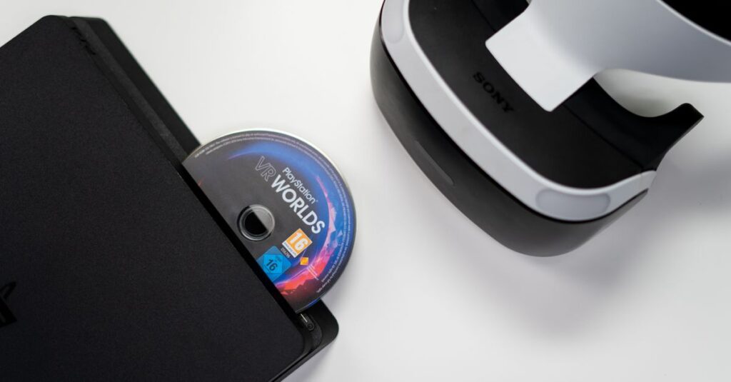 Overhead view of PlayStation console, VR headset, and game disc on a white background.