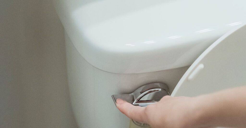 Close-up of a hand flushing a modern toilet, emphasizing hygiene and water conservation.