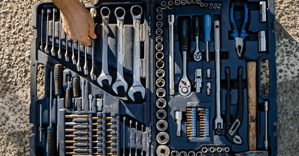 Open toolkit with assorted hand tools, including wrenches and pliers, captured outdoors.
