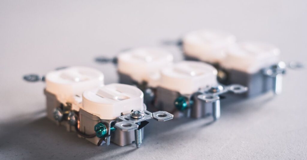 A detailed close-up of electrical outlets. Perfect for construction and electrical use themes.